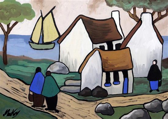 § Markey Robinson (1918-1999) Figures beside thatched cottages 10 x 14in.